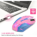 Miniatyrbillede 2 af 5: Gaming Mus, 7 farver baggrundsbelyst optisk gaming trådløs mus ergonomisk med 2400 DPI og 6 knapper 4 skydning med Nano modtager, Pink