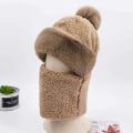 Miniatyrbilde 4 av 5: Vinterlue med vindtett skjerf for kvinner - Varm fleecemaske med pompom for ski og sykling One Size,Grey