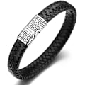 Miniatyrbillede 1 af 5: Herrearmbånd i læder, sort flettet, titanium magnetisk lås 8,46\" (21,5 cm)