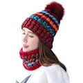 Miniatyrbilde 1 av 3: Vinterstrikket lue- og skjerfsett for kvinner, beanie med pompom Wine Red