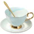 Miniatyrbilde 3 av 4: Marmor Keramisk Kopp og Skålsett Kamelia Mønstret Bone China Kaffe Krus Tekopp Gullkant med Kaffe Kopp, Skål og Skje, 200ml (Blå)