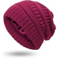 Miniatyrbild 1 av 4: Vintervarm Stickad Mössa med Satinfoder Kabel Stickad Beanie Chunky Slouchy Skallehatt för Kvinnor Wine Red