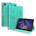 Pikkukuva 1 / 5: Samsung Galaxy Tab A9:lle suunniteltu nahkainen tabletin suojakotelo, jossa on rakkausperhonen-reliefikuvio Mint Green
