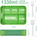 Miniatyrbilde 3 av 7: Bento Lunsjboks Barn, Bento Lunsjboks Voksne med 5 Rom og 2 Salatdressingbeholdere Green