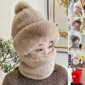 Miniatyrbilde 4 av 5: Vinterlue med vindtett skjerf for kvinner - Varm fleecemaske med pompom for ski og sykling One Size,Khaki