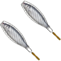 Miniatyrbild 1 av 5: (Set med 2) BBQ Grill Galler för Fisk Kött Hamburgare Långt Handtag Nätkorg Fällbart Stativ