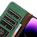Miniatyrbild 5 av 5: Plånboksfodral i läder med RFID-blockering och stativfunktion till iPhone 15 Green