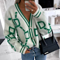 Miniatyrbillede 2 af 4: 2023 Efterår Vinter Strikket Cardigan Mode Kvinder Langærmet Løs V-hals Trøje Tyk Varm Kvindelig Grøn Casual Print Cardigan S GRAY