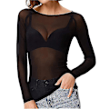 Miniatyrbillede 1 af 3: Kvinder Gennemsigtig Langærmet Sømløs Arm Shaper Top Mesh Skjorte Bluse Black XXL