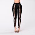 Miniatyrbild 1 av 3: Dam Leggings med Snörning, Hål, Svart Twill, Fitness