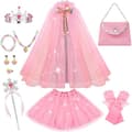 Lyserød Prinsessekjolesæt til Piger med Kappe & Krone, 11-delt Kostume til Alderen 3-8 [JUN] Pink Pink