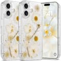 (Daisy) Blomsteretui til iPhone 16 Gennemsigtigt etui med ægte tørrede blomster, glitrende sødt blomsterdesign til kvinder og piger