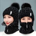 Miniatyrbild 2 av 3: 1 topp ull stickad hatt skidhatt set vindtät vinter utomhus black