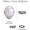 Miniatyrbillede 2 af 5: Sølv Metallic Chrome Latex Balloner, 100 Pakke 12 Tommer Runde Hel