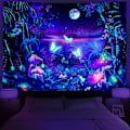 Miniatyrbillede 1 af 5: Blacklight Fantasy Forest Gobelin Trippy Svampe Gobelin