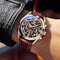 Miniatyrbild 4 av 5: Herrar Chronograph Brun Läder Klocka Guld Case Analog Kvarts Mode Business Klänning Stor Urtavla Klocka Män Dag