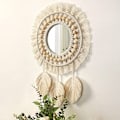 Miniatyrbild 5 av 5: Beige, Boho Macrame Fransvägg Spegel med Träpärlor Fjäder Pe