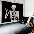 Miniatyrbillede 2 af 5: Kranietæppe Vægophæng 51Hx59W Tommer Sjovt Sort og Hvidt Skelet Tema Hjemmeindretning til Mænd Kvinder Gotisk Hippie Halloween Boheme Terror Rock and Roll Soveværelse Stue Sovesal