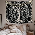 Pikkukuva 3 / 4: Elämänpuun seinävaate Kuu ja Aurinko (150x200cm) Musta Psykedeelinen