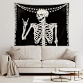 Miniatyrbillede 1 af 5: Kranietæppe Vægophæng 51Hx59W Tommer Sjovt Sort og Hvidt Skelet Tema Hjemmeindretning til Mænd Kvinder Gotisk Hippie Halloween Boheme Terror Rock and Roll Soveværelse Stue Sovesal