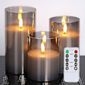 Miniatyrbillede 1 af 5: Glas LED-flammeløse lys, batteridrevne lys, søjlelys batteridrevne med fjernbetjening og timer, elektriske lys, voks + grå glas, sæt af
