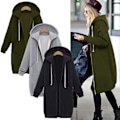 Miniatyrbillede 2 af 5: Damjacka med lynlås foran i fleece, lang hættetrøje i plusstørrelse Sort 5XL