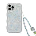 iPhone 13 Pro Phone Case Heart Shape Butterfly Pattern Transparent TPU Cover with Pearl Chain