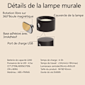 Miniatyrbillede 4 af 5: Indendørs væglampe, Touch LED-væglampe med USB-opladningsport Touch Control, 3 lysstyrkeniveauer 3 temperaturer 360° roterbar sengelampe (sort)