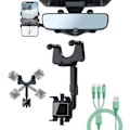 Miniatyrbilde 1 av 4: Telefonholder for bil, speilmontering med 1 datakabel, 360 multifunksjon grader uttrekkbar roterbar