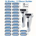 Miniatyrbillede 1 af 5: Barbermaskine til mænd, 2 håndtag + 24 blade, sikkerhedsskraber 6-lags rustfrit stål hårfjerning 2 Handle + 24 Blades