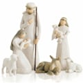 Miniatyrbilde 1 av 5: 6-delt Julekrybbefigursett. Hellig familie, tre lam, tre personer, engel og gjeter