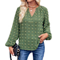 Miniatyrbild 2 av 4: Dam V-ringad T-shirt Axelveck Långärmad Enfärgad Lös Jacquard Blus Grön L