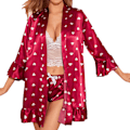 Miniatyrbild 2 av 2: 4 st Kvinnor Pyjamas Set Casual Bältesrock Spets Bralette och Shorts Sovkläder Set för Hemma Vinröd Hjärta (Rock + Bälte + BH + Byxor) S