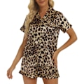 Miniatyrbild 2 av 4: Dam Kortärmad Pyjamas Set Nedvikt Krage Vackert Tryck Tvådelad Topp Shorts Nattkläder Gul Leopardtryck S