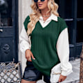 Miniatyrbild 5 av 8: 2 i 1 Dam Färgblock Topp Nedhasad Axel Långärmad Manschettknapp Skjorta Tröja Streetwear Mode Topp Grön S