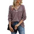 Miniatyrbild 2 av 2: V-ringad Långärmad Topp Våffelvirkad Lös Passform Casual Polyesterfiber Damtröja för Höst Rosa Lila XL