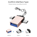 Pikkukuva 3 / 3: 2 kpl alumiiniseoskuori 2-in-1 OTG-muunnin USB 3.0 - Mikro-USB Type-C -sovitin ketjulla Androidille Kultaketjulla