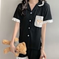 Miniatyrbild 1 av 8: Dam Kortärmad Pyjamas Set Nedvikt Krage Volangdetaljer Tvådelad Topp Shorts Nattkläder Svart XL
