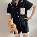 Miniatyrbild 7 av 8: Dam Kortärmad Pyjamas Set Nedvikt Krage Volangdetaljer Tvådelad Topp Shorts Nattkläder Svart M