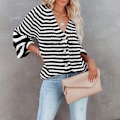 Miniatyrbild 1 av 4: Damrandig Stickad Blus Knäppt V-ringad Stickad Topp Långärmad Casual Randig Blus Svart M
