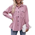 Miniatyrbild 2 av 4: Dam Långärmad Topp Enkelknäppt Bröstfickor Nedfälld Krage Lös Fåll Ledig Blus Rosa XL