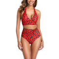 Miniatyrbild 2 av 2: 2 st Kvinnor Baddräkt Leopardtryckt Hög Midja Baddräkter Halter String Bikini Set Röd XXL