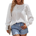 Miniatyrbild 2 av 4: Crewneck Långärmad Blus Enfärgad Sömnad Rynkad Manschett Blus för Kvinnor Dejt Beige M
