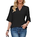 Miniatyrbild 2 av 4: Dam V-ringad Topp Halv Volangärm Ren Färg Lös Passform Sommar T-shirt för Vardagsbruk Svart S