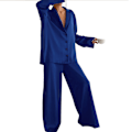 Miniatyrbild 2 av 2: Satin Pyjamas Set Långärmad Byxor i Full Längd Enkelknäppt Nedfälld Krage Satin Nattklädesset Blå XL