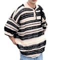 Miniatyrbild 2 av 8: Herr Hollow Stickad Skjorta Knapp Fram Nedhasad Axel Kort Ärm Man Färgstark Randig Stickad Skjorta för Herrar Svart 2XL