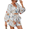 Miniatyrbild 2 av 2: Dam Jumpsuit Urskuren Djup V-ringning Lykta Långärmad Bälte Shorts Slim Fit Jumpsuit Aprikos M