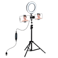 Miniatyrbillede 6 af 8: PULUZ PKT3036 Mobiltelefon Live Broadcast LED Ring Fill Light med Tripod Dual Phone Holder