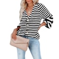 Miniatyrbild 2 av 4: Damrandig Stickad Blus Knäppt V-ringad Stickad Topp Långärmad Casual Randig Blus Svart M
