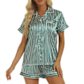 Miniatyrbild 2 av 4: Dam Kortärmad Pyjamas Set Nedvikt Krage Vackert Tryck Tvådelad Topp Shorts Nattkläder Grön Rand L